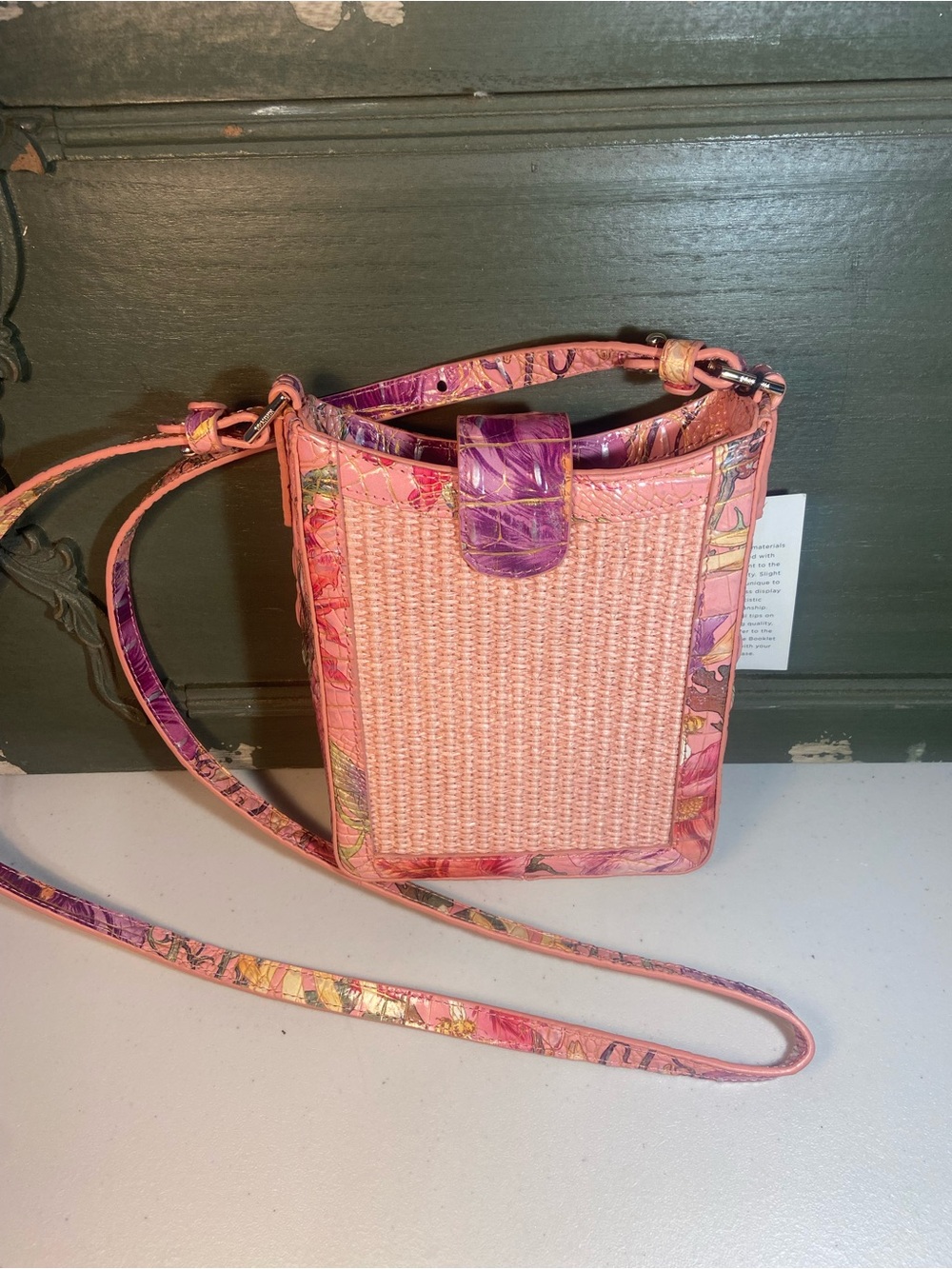 Brahmin Pink Woven Crossbody with Floral Trim - Picture 2 of 13